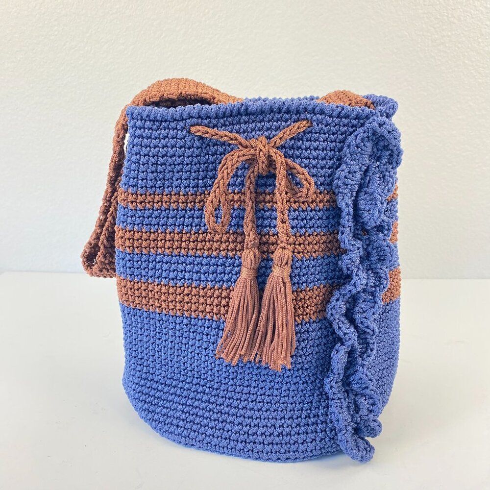 Shoulder Bag Handmade Crochet Bucket Bag Blue Brown‎ Knit Ruffle Trim Drawstring